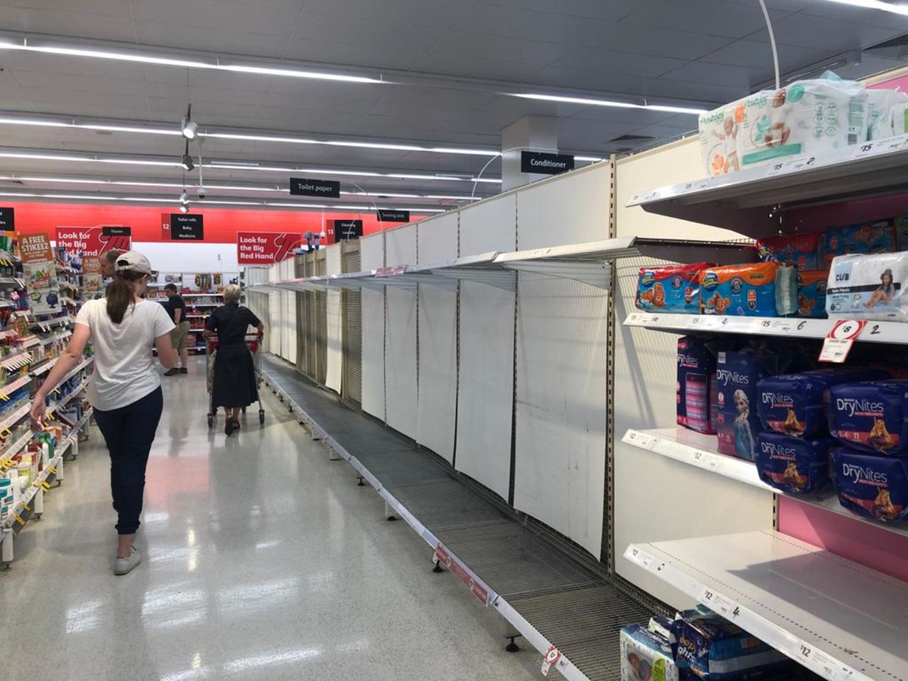 No toilet paper in sight at Coles supermarket at Greenslopes Mall in Brisbane, Australia. 