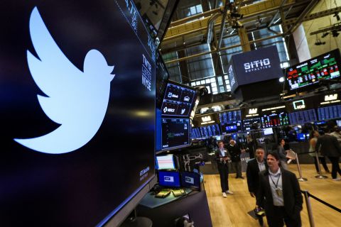 The logo and trading symbol for Twitter is displayed on a screen on the floor of the New York Stock Exchange in New York, on July 11, 2022. 