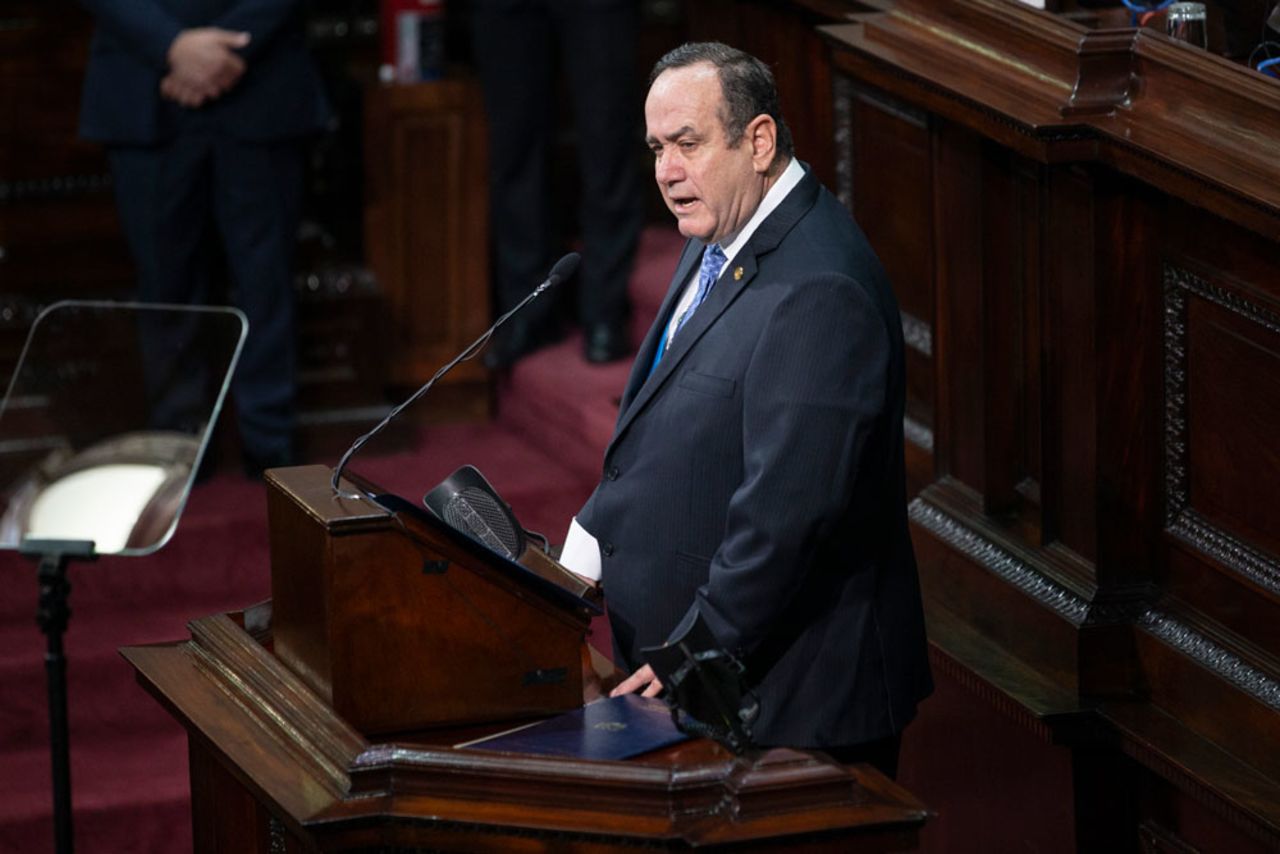 Guatemalan President Alejandro Giammattei delivers a speech to lawmakers in Guatemala City, on Wednesday, March 18. 