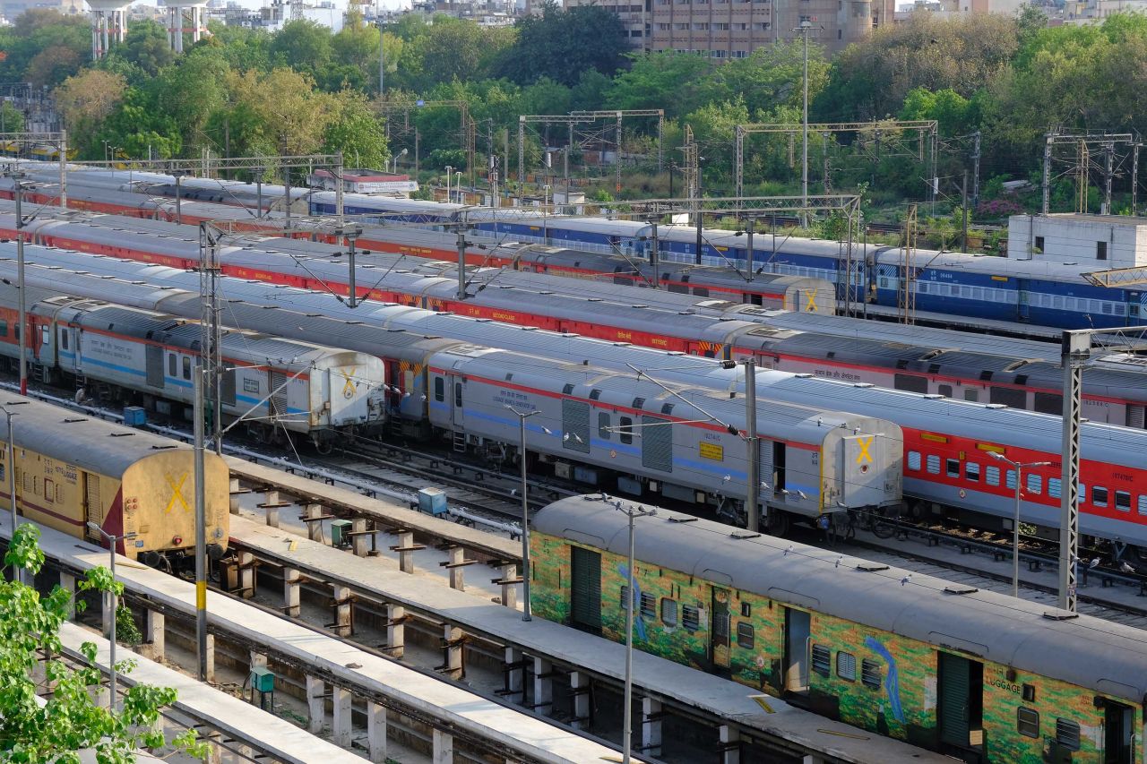 Trains sits idle at the New Delhi Junction railway station during lockdown in New Delhi, India, on Monday, April 27. 