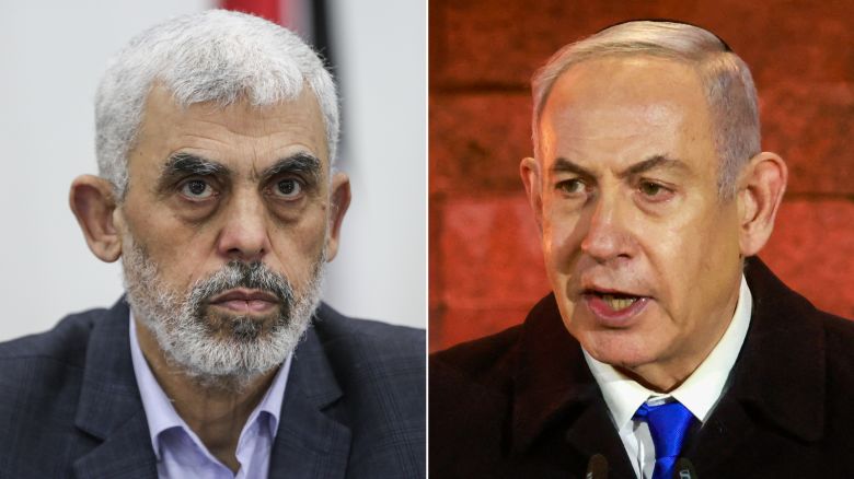 Hamas leader Yahya Sinwar, left, and Israeli Prime Minister Benjamin Netanyahu.
