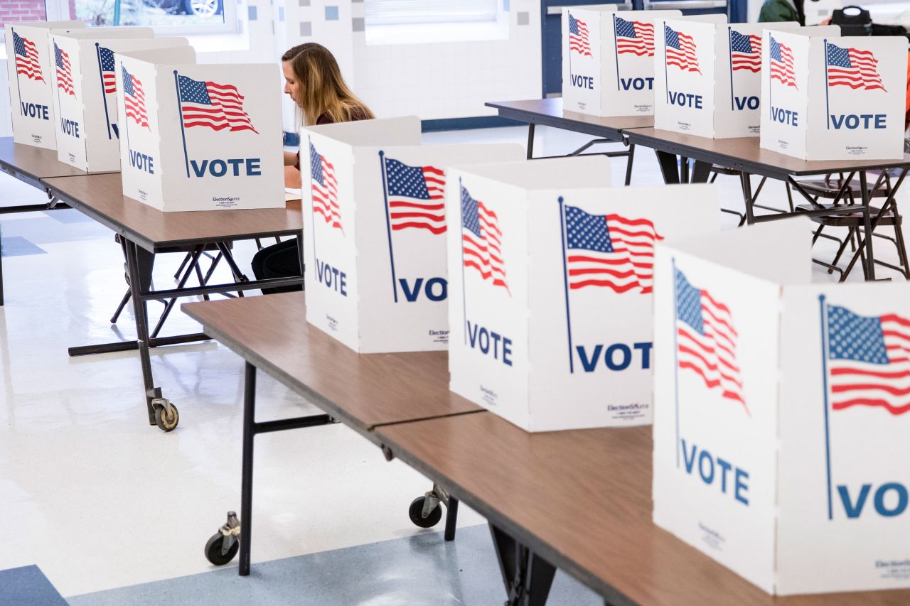 A person fills out a ballot  in Arlington, Virginia, for the Democratic presidential primary election in March 2020.