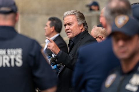 Steve Bannon speaks to the media on September 1. On Aug. 8, he pleaded not guilty to New York state money laundering, conspiracy and fraud charges related to an alleged online scheme to raise money for the construction of a wall along the southern U.S. border.
