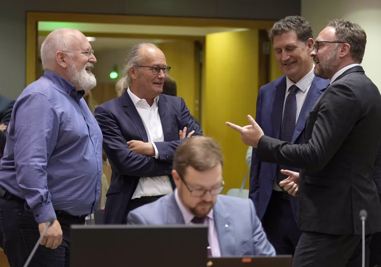 European Commissioner for European Green Deal Frans Timmermans, left, speaks with from left, Luxembourg's Energy Minister Claude Turmes, Ireland's Minister for the Environment Eamon Ryan and Denmark's Minister for Climate Dan Jorgensen during an emergency meeting of EU energy ministers in Brussels, Belgium, on July 26.