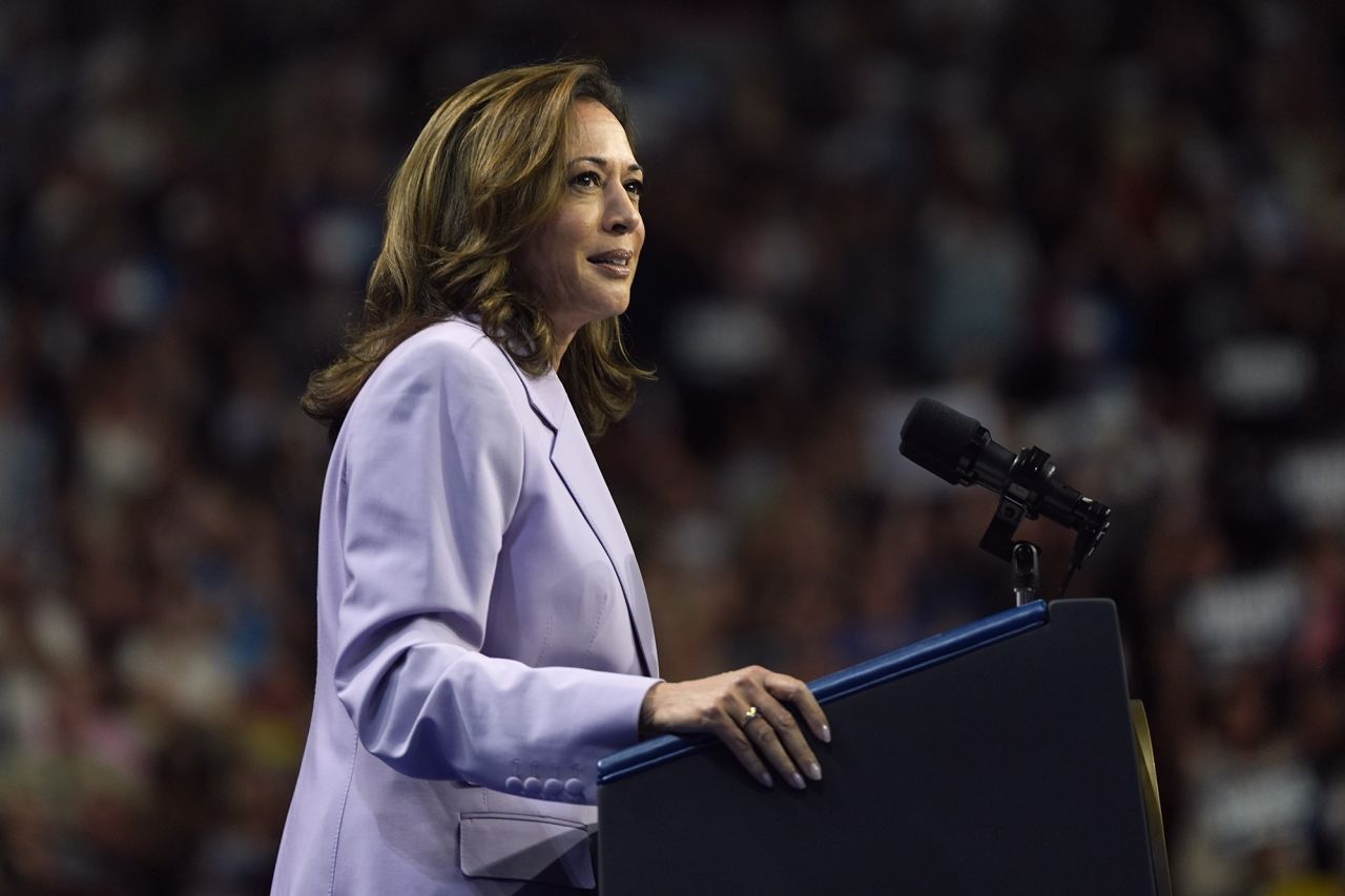 Democratic presidential nominee Vice President Kamala Harris speaks at a campaign rally on Saturday, August 10 in Las Vegas. 