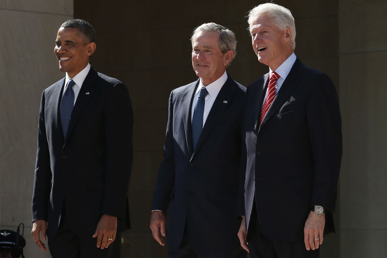 From left to right, former presidents Barack Obama, George W. Bush and Bill Clinton attend the opening ceremony of the George W. Bush Presidential Center in Dallas, Texas, on April 25, 2013.