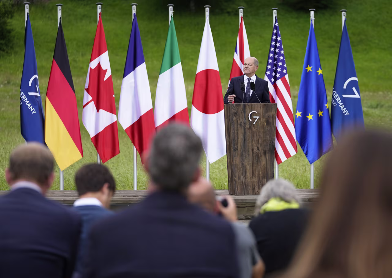 German Chancellor Olaf Scholz addresses a media conference during the G7 summit at Castle Elmau in Kruen, Germany, on June 28.