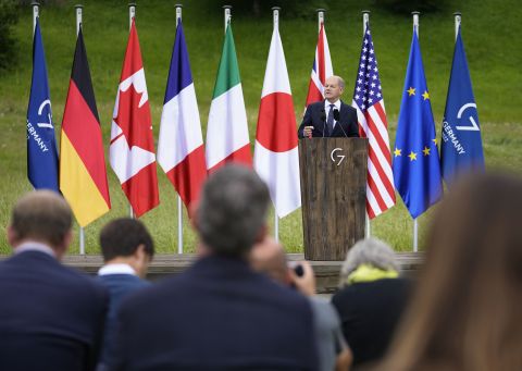 German Chancellor Olaf Scholz addresses a media conference during the G7 summit at Castle Elmau in Kruen, Germany, on June 28.