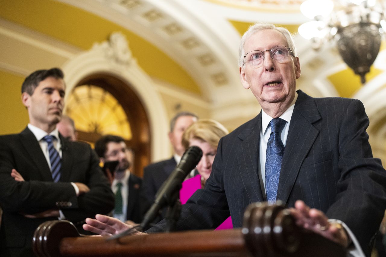 Senate Minority Leader Mitch McConnell speaks during the Senate Republicans' news conference in the US Capitol on Tuesday, January 23.