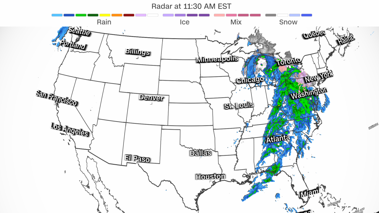 Current weather radar shows a large storm impacting the eastern US.