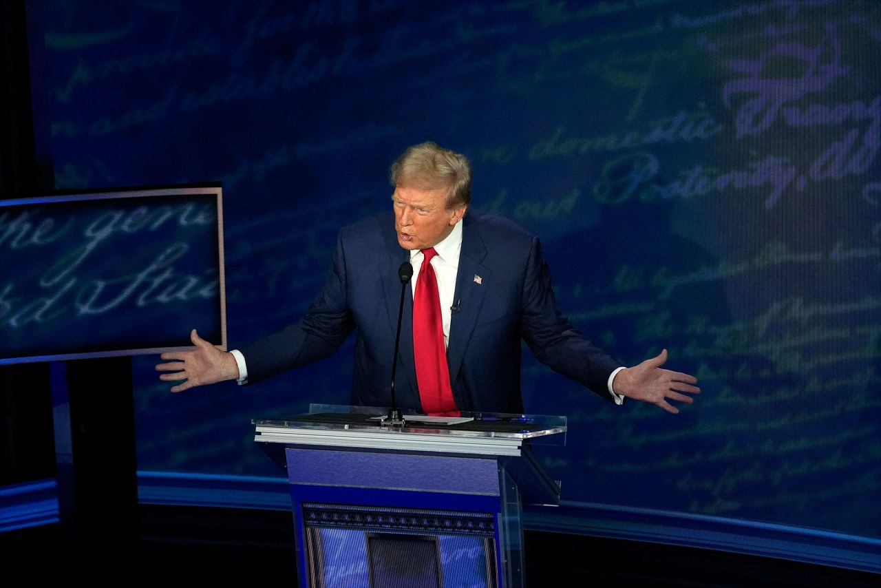 Donald Trump speaks during a presidential debate with Kamala Harris at the National Constitution Center in Philadelphia on Tuesday.