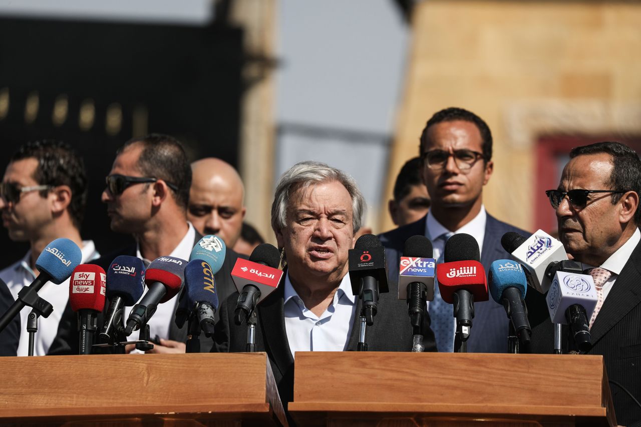 United Nations Secretary-General Antonio Guterres, center, speaks during a press conference at the Rafah border crossing between Egypt and Gaza on October 20.