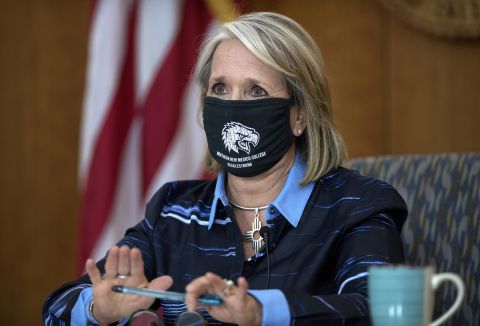 New Mexico Gov. Michelle Lujan Grisham gives her weekly update on Covid-19 and the state's effort to contain it during a virtual news conference from the state Capitol in Santa Fe, New Mexico, on Thursday, July 23.