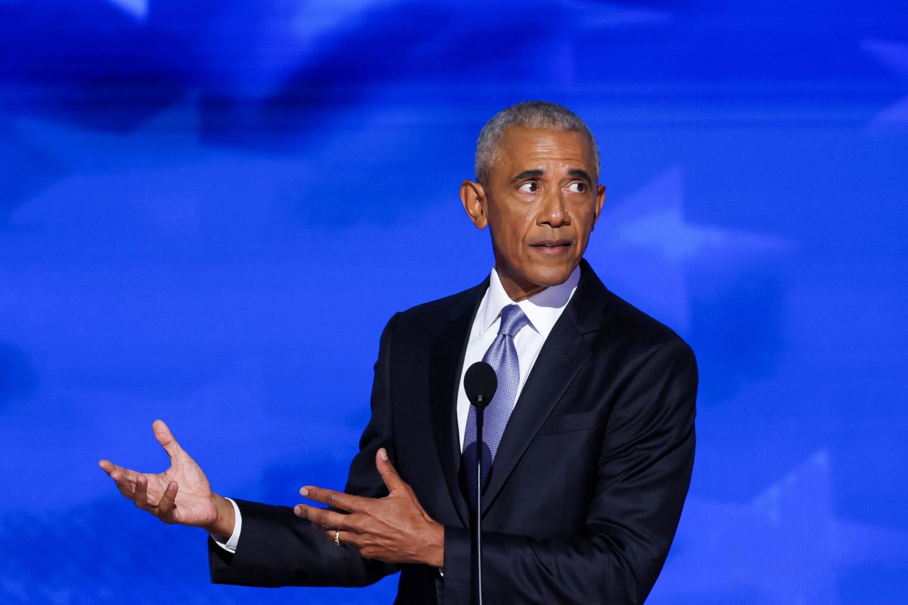 Barack Obama gestures as he speaks during the Democratic National Convention in Chicago, Illinois, on August 20.