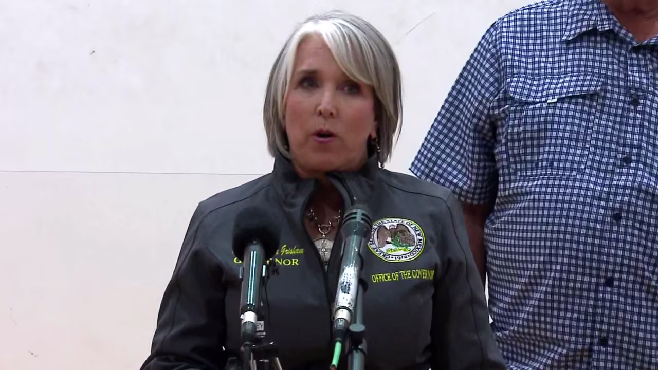 In a still photo taken from a video, New Mexico Gov. Michelle Lujan Grisham speaks to reporters in Ruidoso on Wednesday. 