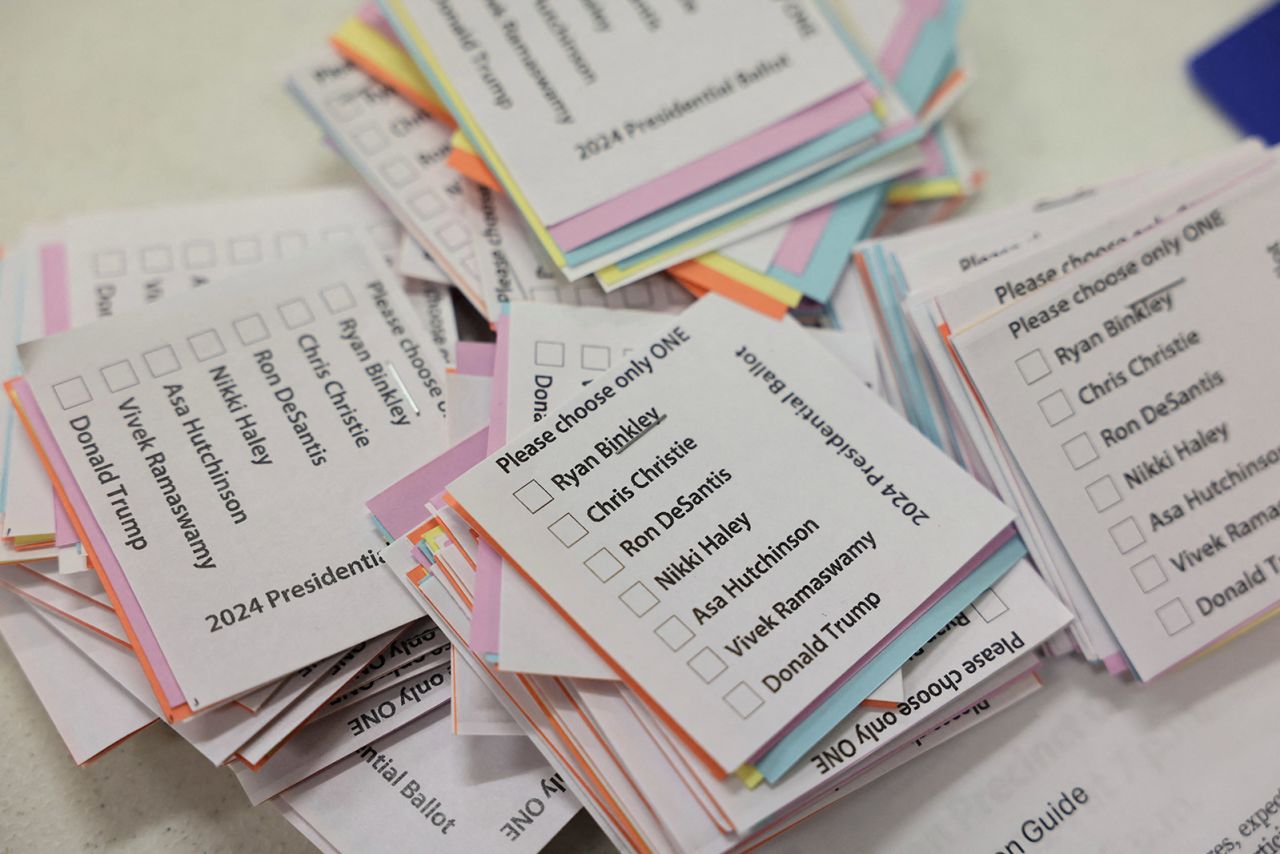 Ballots for candidates are pictured at the Mineola Community Center before the caucus vote in Mineola, Iowa.