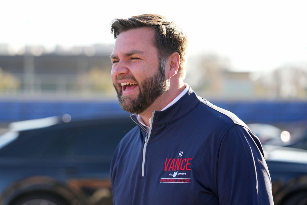 JD Vance arrives at a polling location in Cincinnati earlier in the day on Tuesday. 