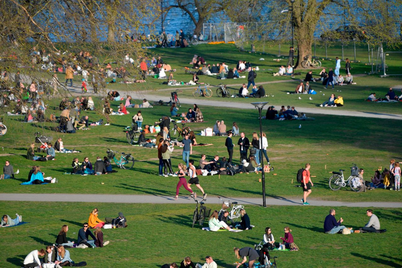 People enjoy warm and spring-like weather with high temperatures on April 22, in Stockholm.