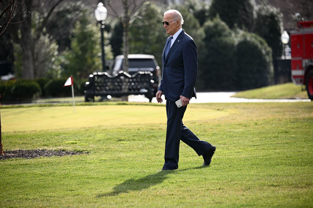 President Joe Biden makes his way to board Marine One from the South Lawn of the White House in Washington, DC, on February 8.