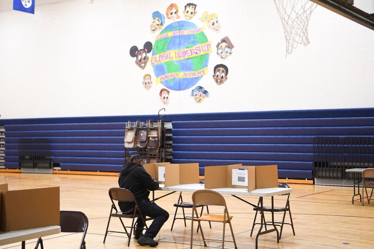 Gregory Hackler votes at a polling station at Sarah Moore Greene Magnet Academy in Knoxville, Tennessee.