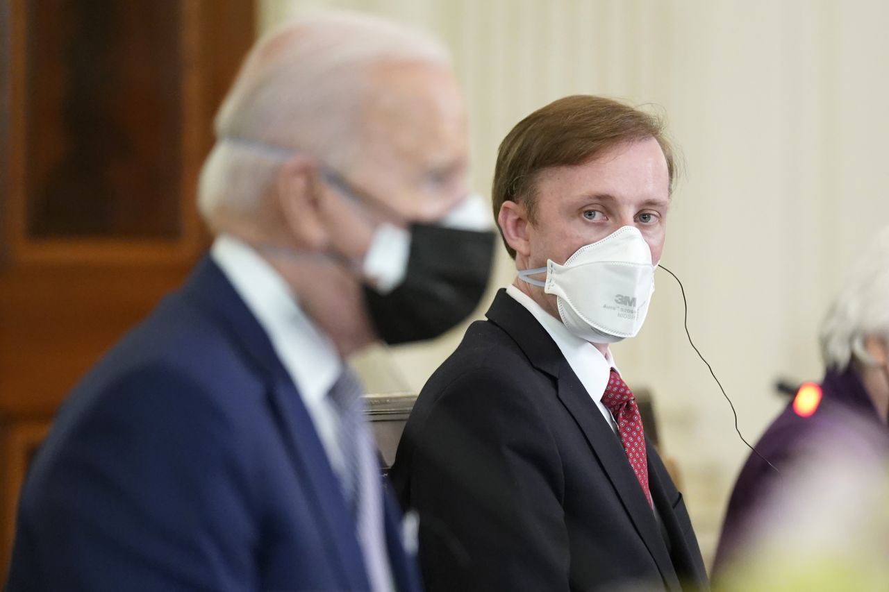 National security adviser Jake Sullivan listens during a meeting with President Joe Biden at the White House, on Friday, April 16.