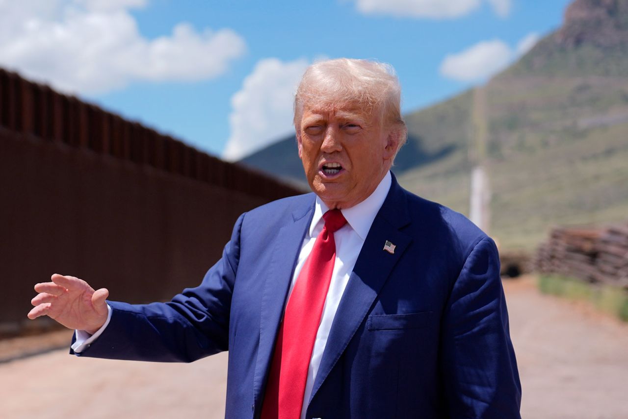 Republican presidential nominee former President Donald Trump speaks along the southern border with Mexico, on Thursday, August 22, in Sierra Vista, Arizona.