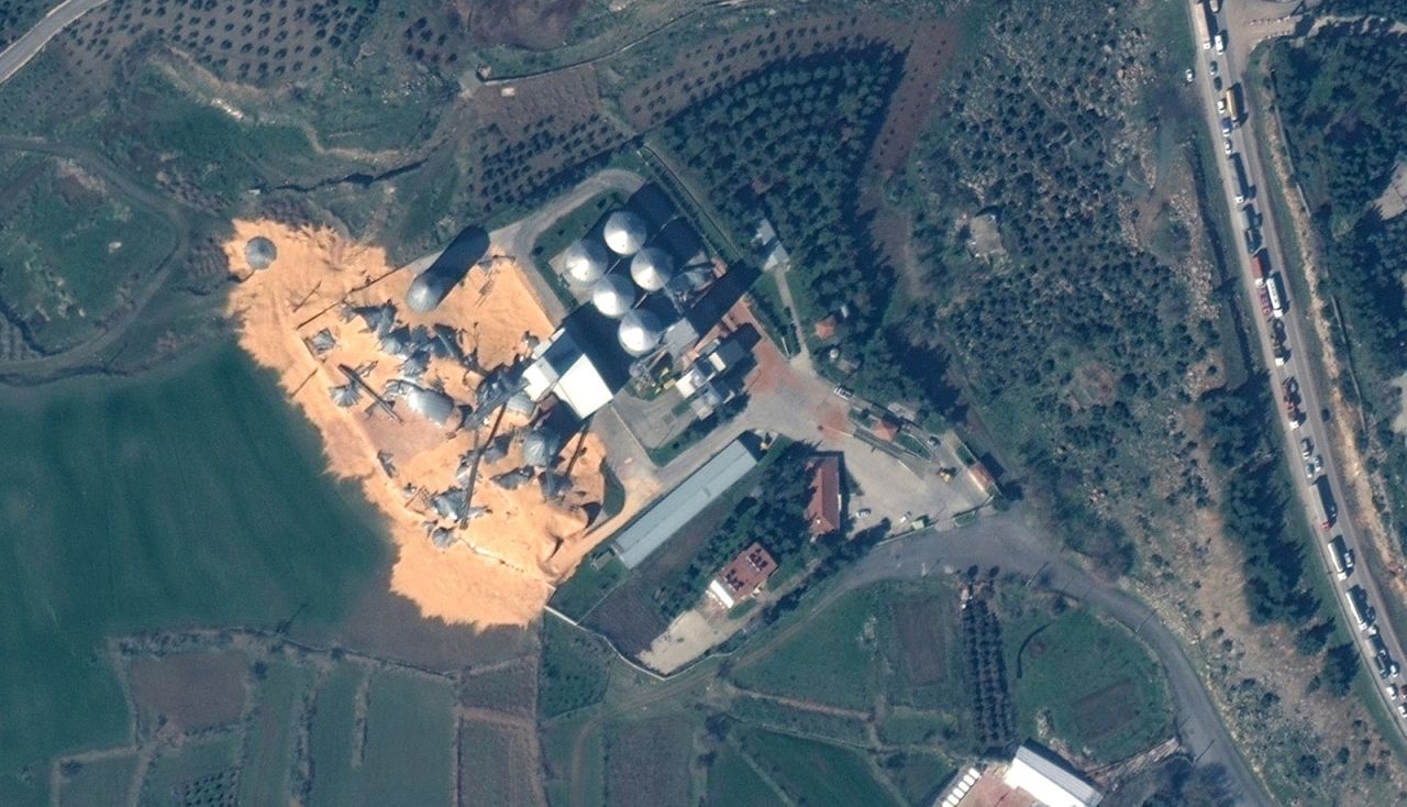 A satellite image shows grain silos damaged after an earthquake in Nurdagi,?Turkey, on February 9.