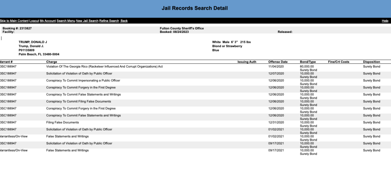 Former President Donald Trump's booking record.