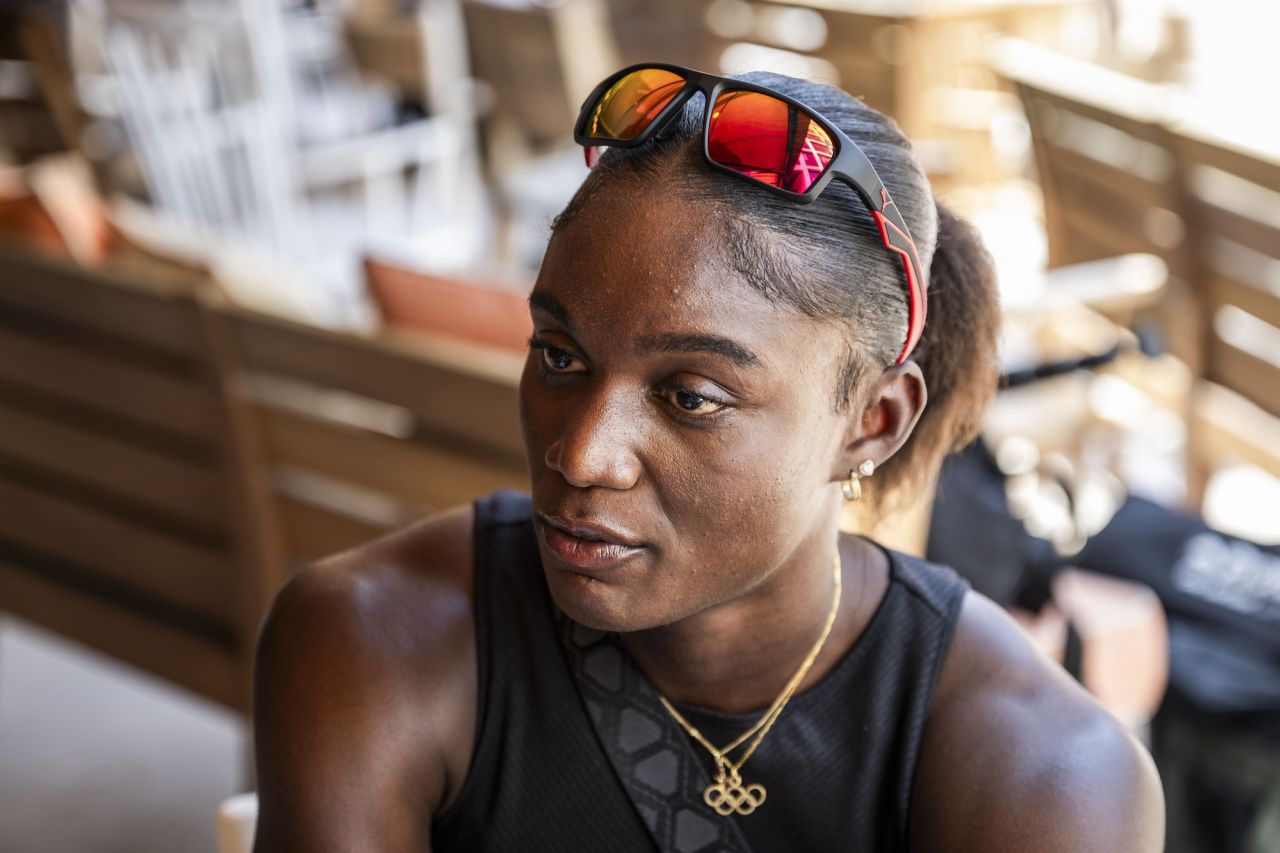 Shericka Jackson of Jamaica is seen at a press conference on Wednesday.