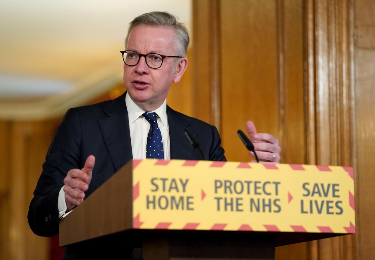 Minister for the Cabinet Office Michael Gove holds a digital press conference about coronavirus developments on April 4 in London.