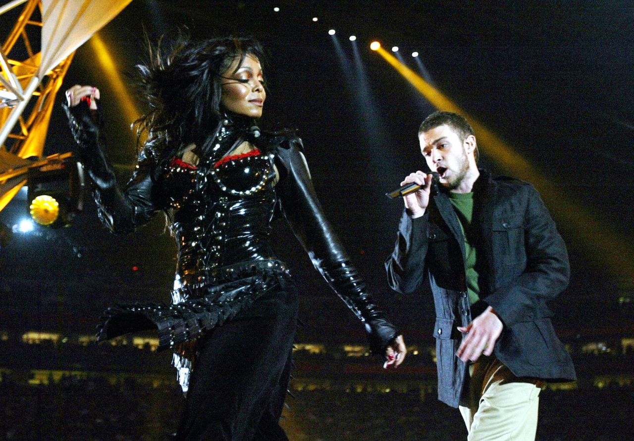 Janet Jackson and Justin Timberlake perform at halftime of the Super Bowl in 2004.