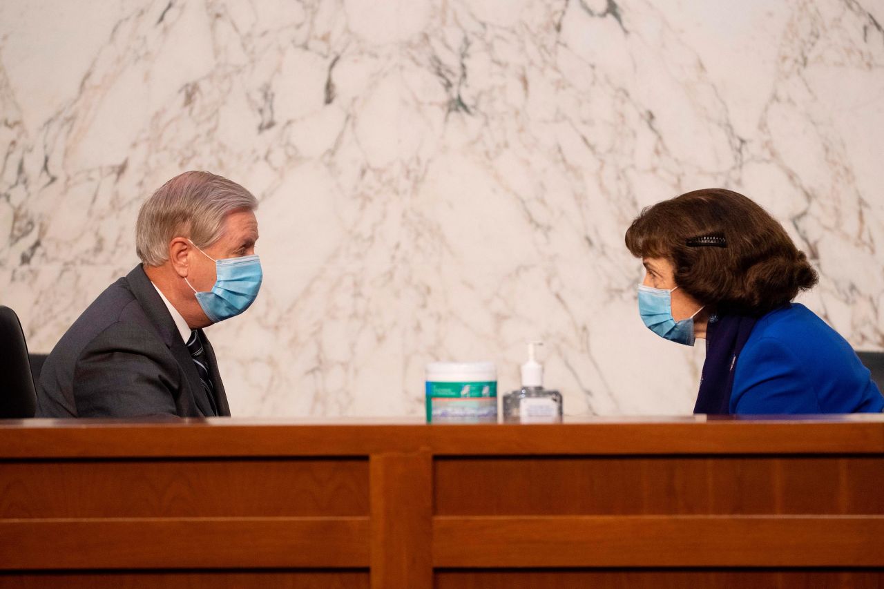 Chairman Lindsey Graham and ranking member Dianne Feinstein, talk before the start of the Senate Judiciary Committee confirmation hearing of Supreme Court nominee Amy Coney Barrett on October 12, 2020.