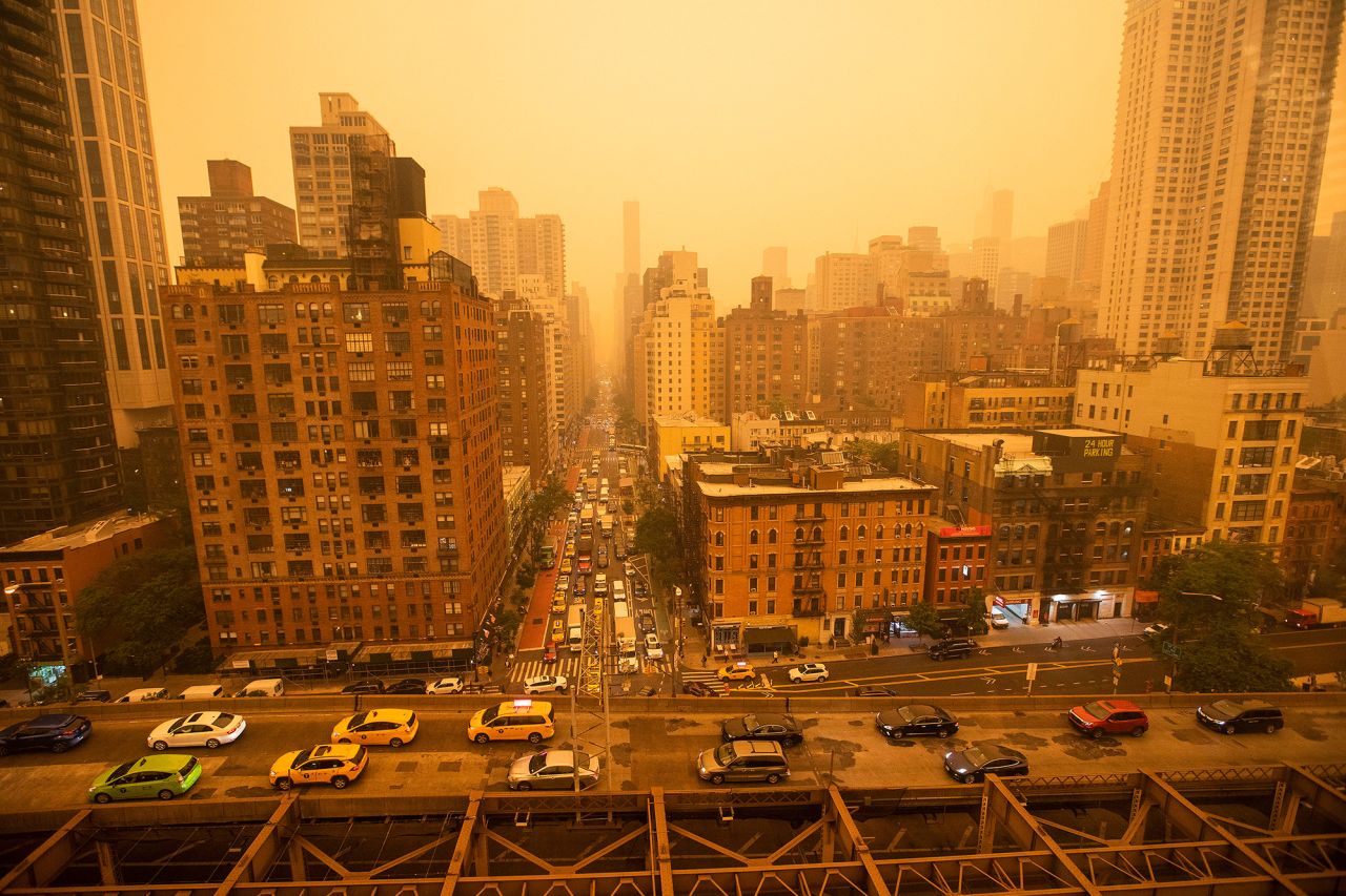 Smoke from Canadian wildfires casts a haze over New York on June 7. 