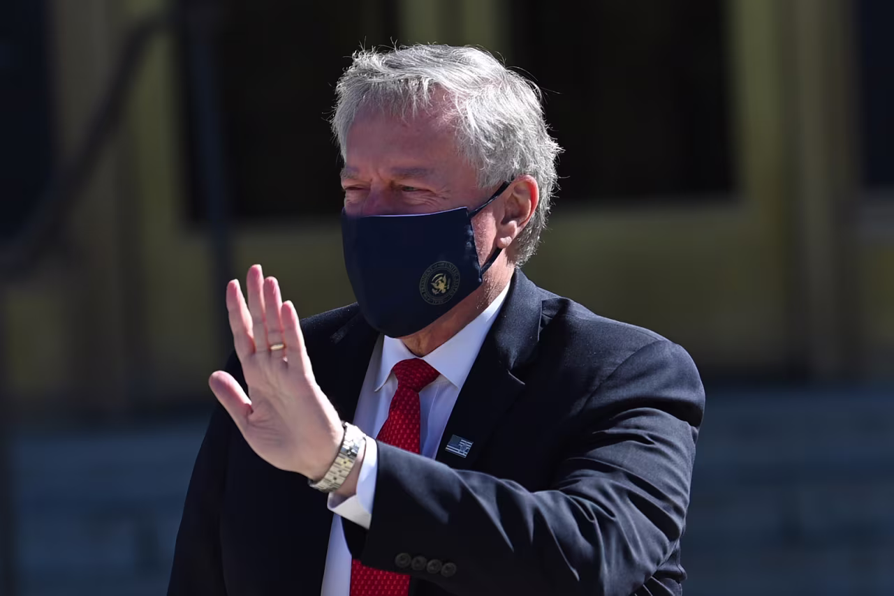 White House Chief of Staff Mark Meadows speaks to the press at Walter Reed Medical Center in Bethesda, Maryland, on October 3.