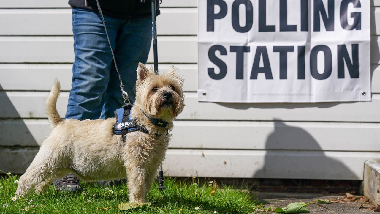 A dog waits outside a polling station in Great Ayton, England.