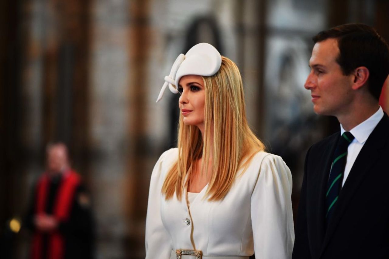 LONDON, ENGLAND - JUNE 03: Ivanka Trump and Jared Kushner look on as US President Donald Trump and First Lady Melania Trump lay a wreath at the Tomb of the Unknown Warrior during their visit to Westminster Abbey on June 03, 2019 in London, England.