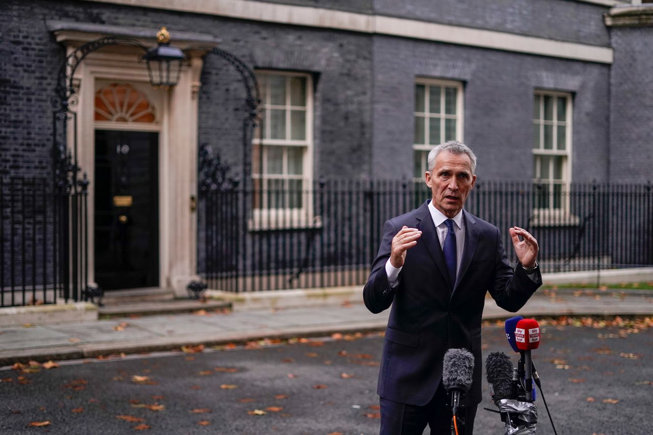 NATO Secretary General Jens Stoltenberg speaks to the media outside 10 Downing Street, in London, Wednesday, Nov. 9