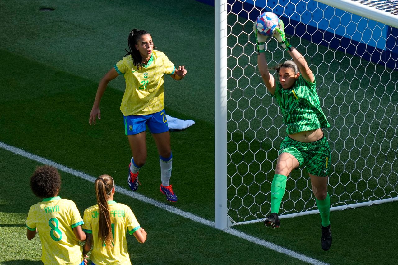 Brazil's goalkeeper Lorena catches the ball during the match against the United States on August 10. 