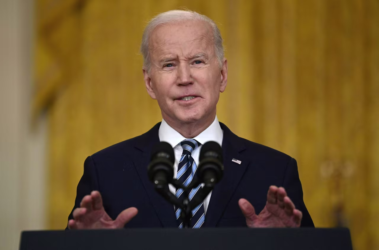 President Joe Biden speaks as he address the Russian invasion of Ukraine, from the East Room of the White House on Thursday, February 24, 2022, in Washington, D.C. 