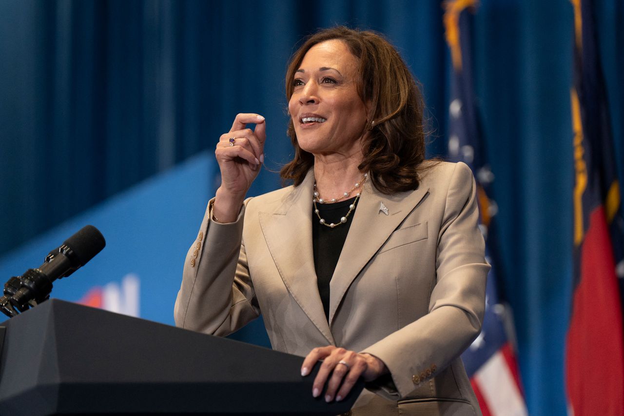 Vice President Kamala Harris speaks during a campaign rally in Fayetteville, North Carolina on July 18. 