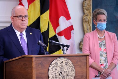 Maryland Gov. Larry Hogan announces that all of the state's school systems meet safety standards to reopen for some in-person instruction during a news conference on August 27 in Annapolis, Maryland.