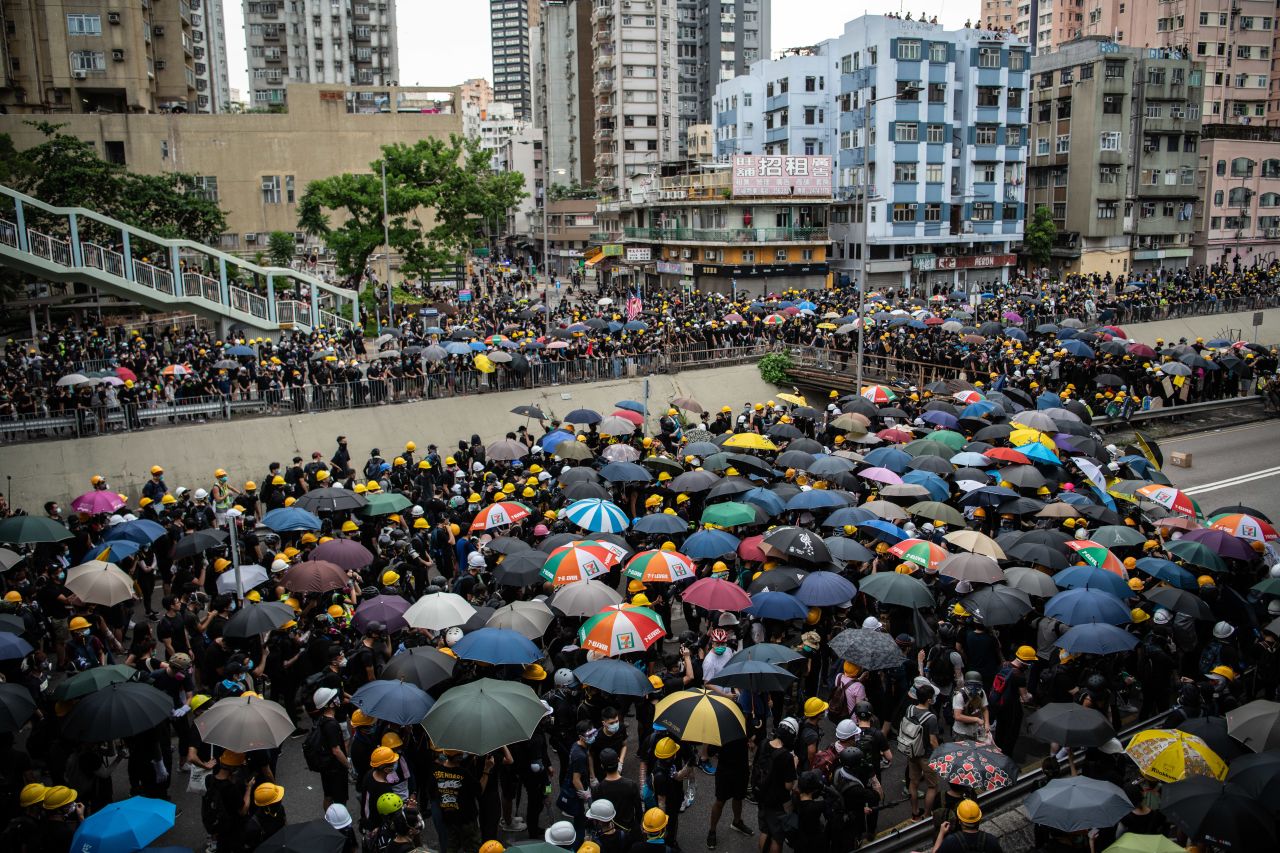 Protesters gather in the district of Yuen Long on July 27, 2019 in Hong Kong.