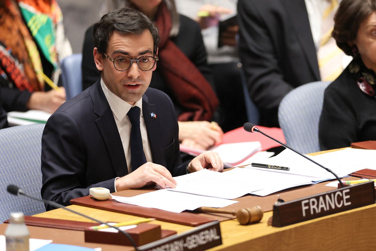 French Foreign Minister Stephane Sejourne speaks during a United Nations Security Council meeting to discuss the situation in the Middle East at UN headquarters in New York on January 23.