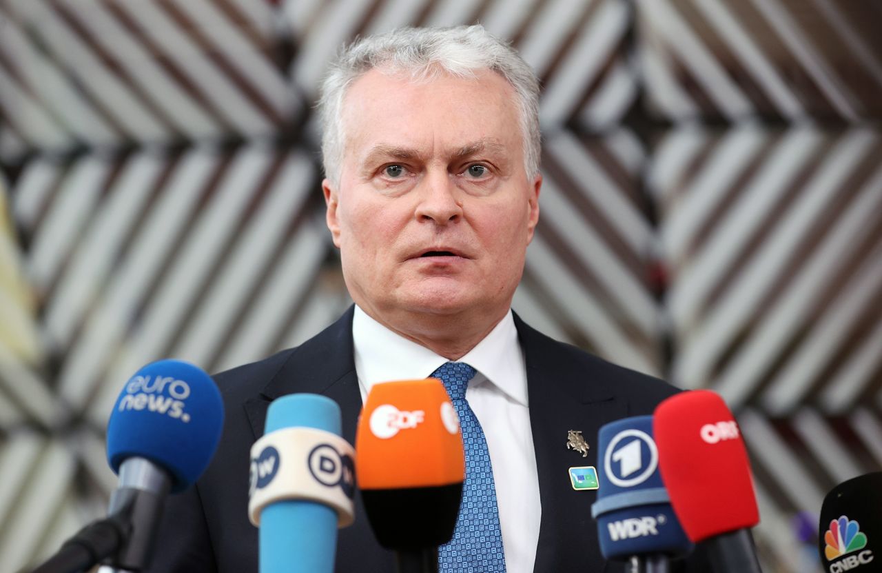 Gitanas Nauseda, Lithuania's prime minister, speaks to members of the media in Brussels, Belgium, on February 17, 2022. 