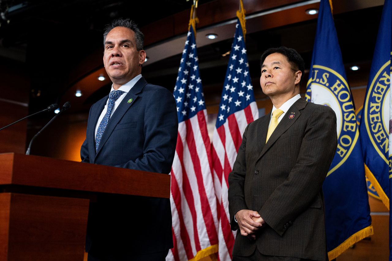 House Democratic Caucus chair Pete Aguilar, left, and House Democratic Caucus vice-chair Ted Lieu hold a press conference at the US Capitol on Tuesday.