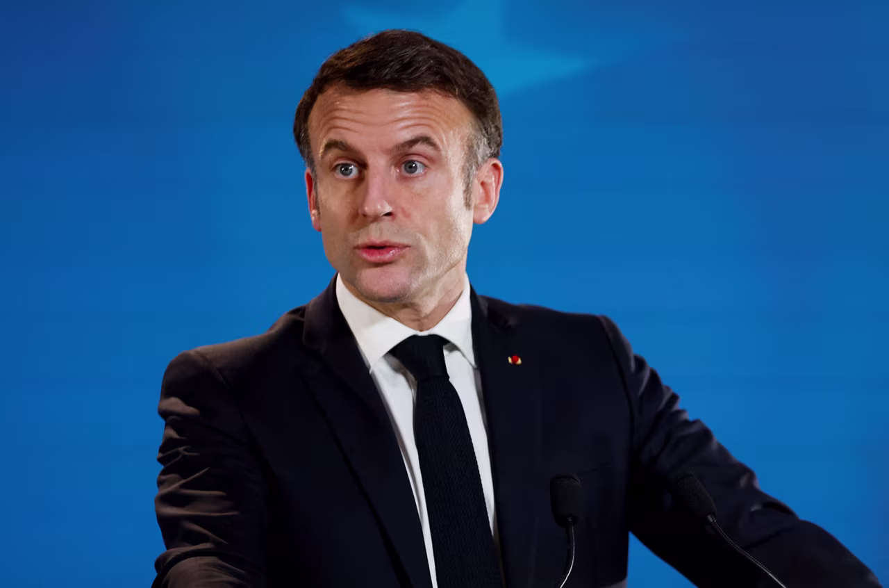 French President Emmanuel Macron holds a press conference in Brussels, Belgium, on February 1. 