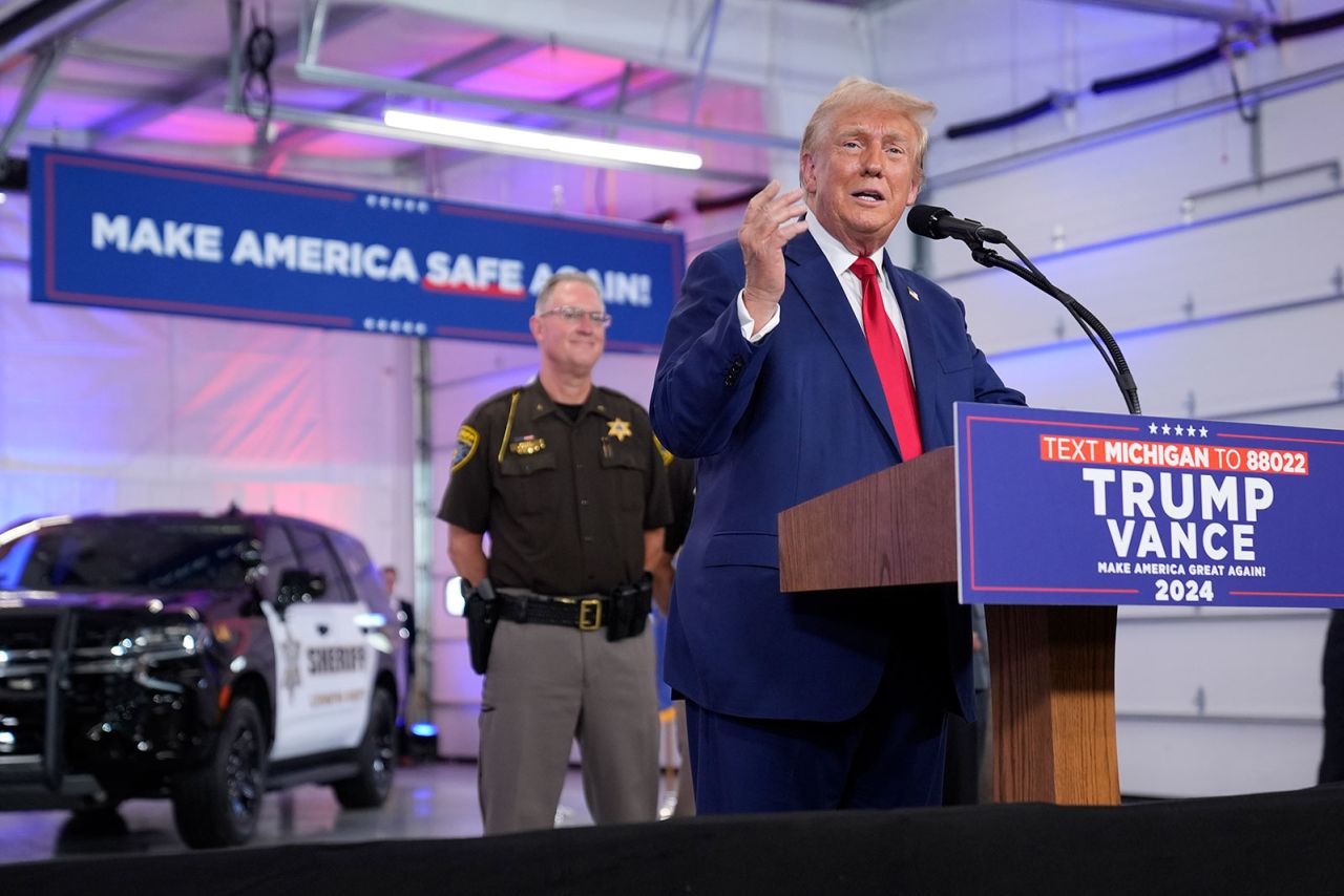 Republican presidential nominee former President Donald Trump speaks on crime and safety during a campaign event at the Livingston County Sheriff's Office, Tuesday, August 20, in Howell, Michigan. 