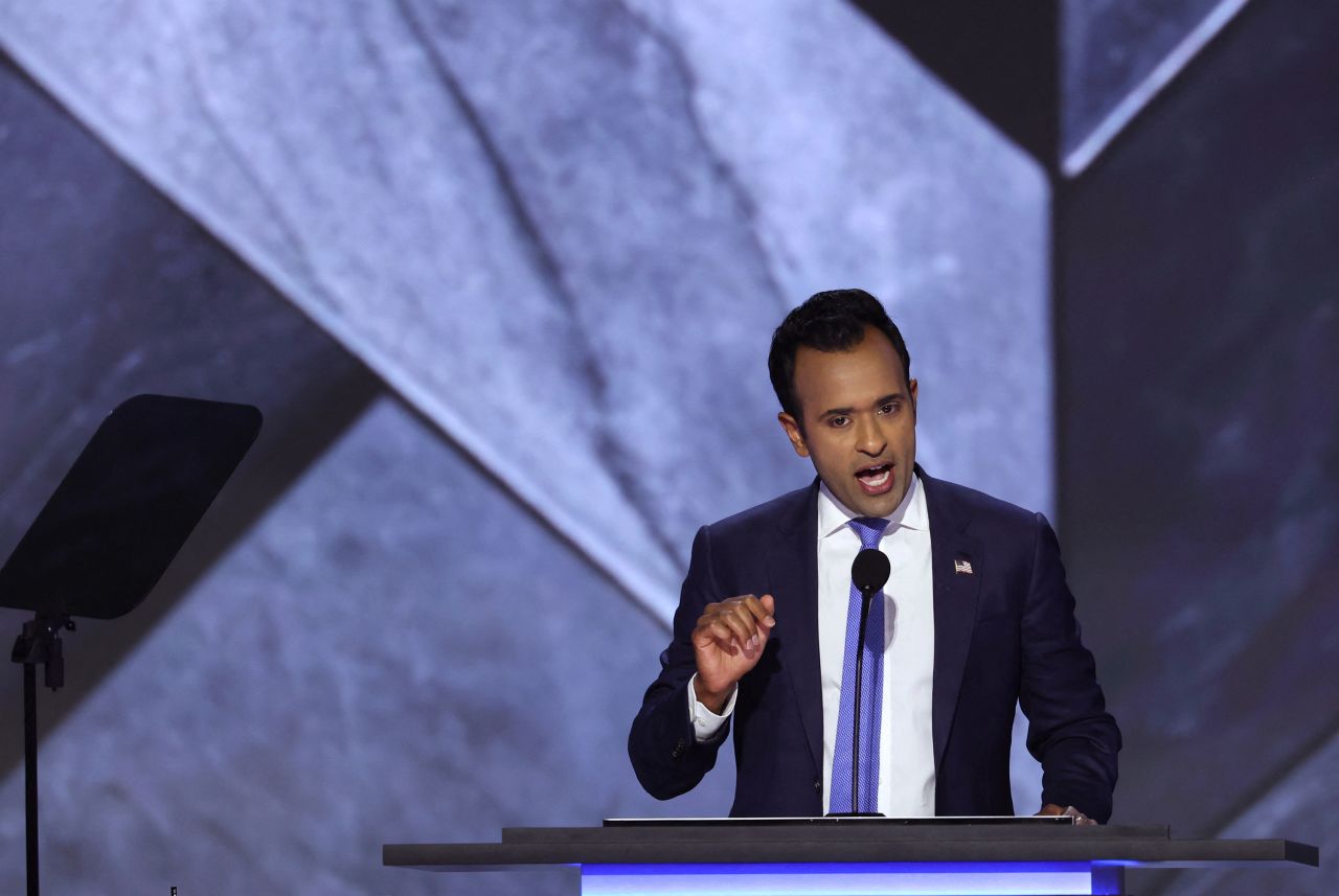 Former Republican presidential candidate?Vivek?Ramaswamy?speaks during Day 2 of the Republican National Convention in Milwaukee, Wisconsin, on July 16.