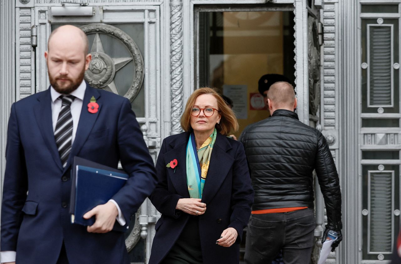 British Ambassador to Russia Deborah Bronnert walks out of the Russian Foreign Ministry headquarters in Moscow, Russia, on November 3.