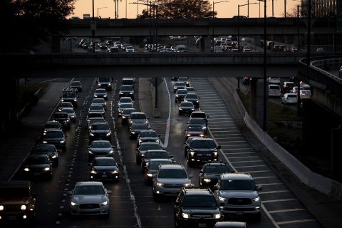 Traffic travels along I-395 on November 24, 2021 in Washington, DC. on November 24, 2021.
